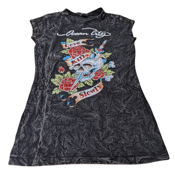 Love Kills Slowly Sparkle Skull Tattoo Style Ocean City Crinkle Print Skinny Tee - Picture 2 of 10